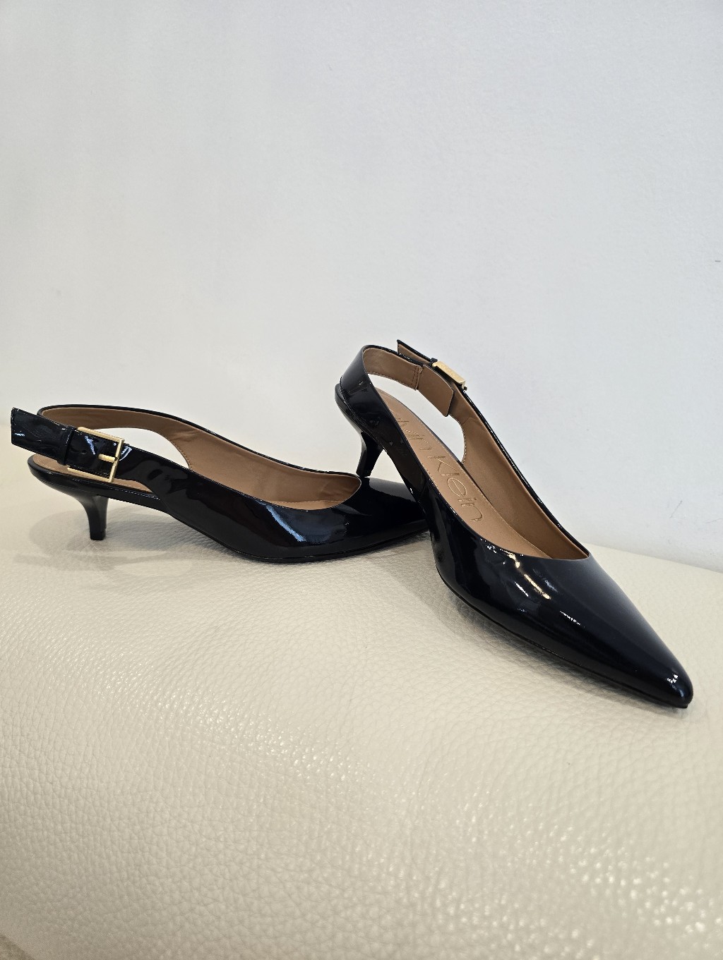 Calvin Klein Classic Teal Navy Black Patent Slingback Kitten Heel New 8.5